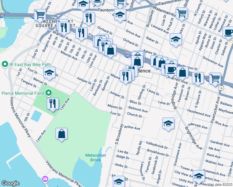 map of restaurants, bars, coffee shops, grocery stores, and more near 384 Juniper St in East Providence