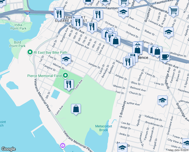 map of restaurants, bars, coffee shops, grocery stores, and more near 11 Portland Street in East Providence