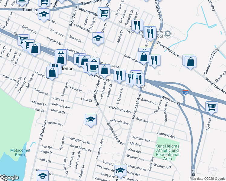 map of restaurants, bars, coffee shops, grocery stores, and more near 10 Woodland Avenue in East Providence