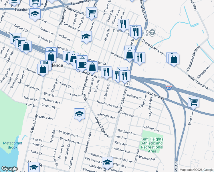 map of restaurants, bars, coffee shops, grocery stores, and more near 10 Woodland Avenue in East Providence