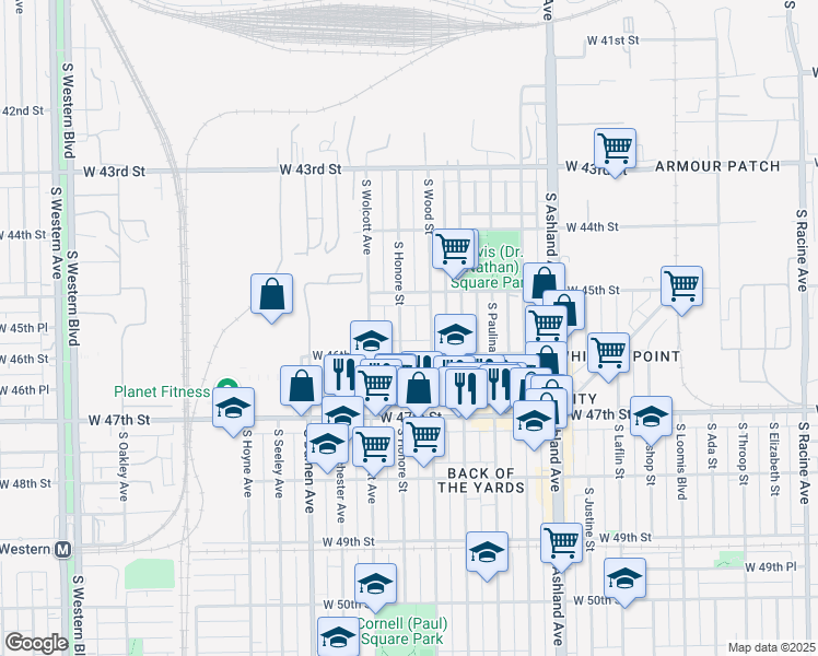 map of restaurants, bars, coffee shops, grocery stores, and more near 4535 South Honore Street in Chicago