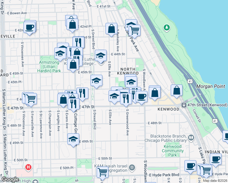map of restaurants, bars, coffee shops, grocery stores, and more near 4611 South Ellis Avenue in Chicago