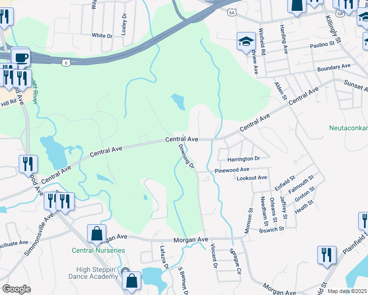 map of restaurants, bars, coffee shops, grocery stores, and more near 195 Downing Drive in Johnston