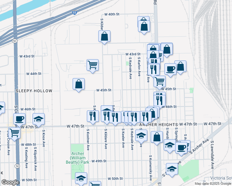 map of restaurants, bars, coffee shops, grocery stores, and more near 4215 West 45th Street in Chicago