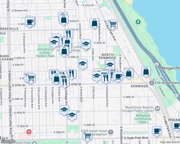 map of restaurants, bars, coffee shops, grocery stores, and more near 925 East 46th Street in Chicago