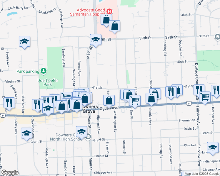 map of restaurants, bars, coffee shops, grocery stores, and more near 4149 Lindley Street in Downers Grove