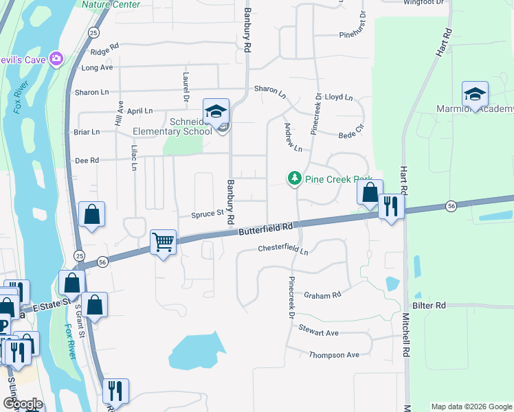 map of restaurants, bars, coffee shops, grocery stores, and more near 412 Spruce Street in North Aurora