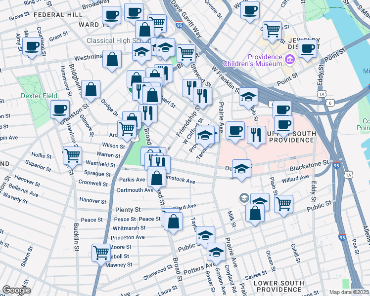 map of restaurants, bars, coffee shops, grocery stores, and more near 113 Providence Street in Providence