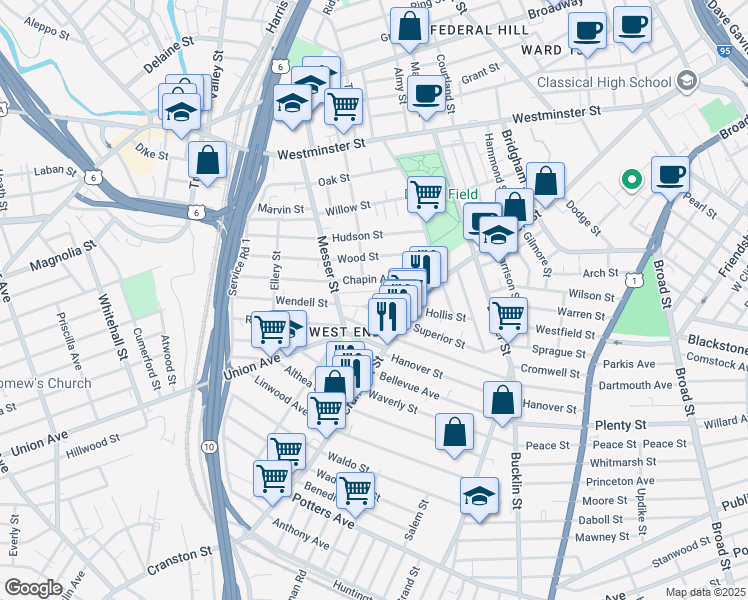map of restaurants, bars, coffee shops, grocery stores, and more near 81 Wendell Street in Providence