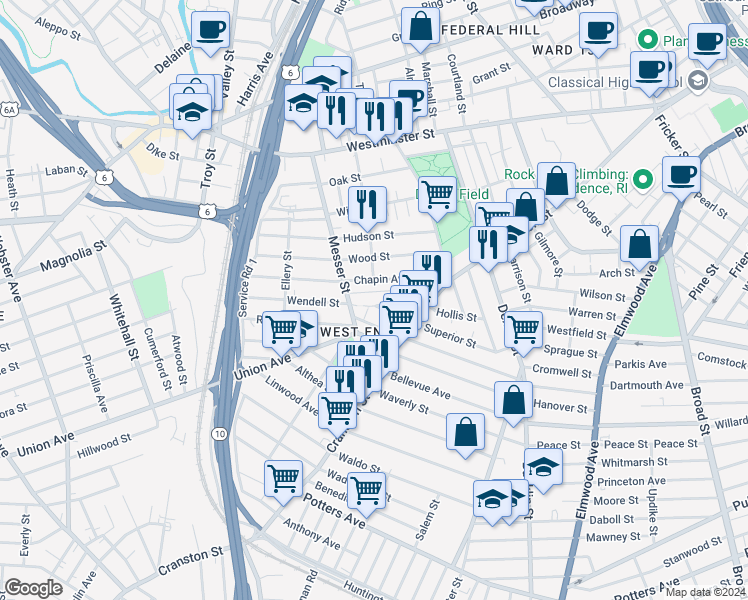 map of restaurants, bars, coffee shops, grocery stores, and more near 81 Wendell Street in Providence