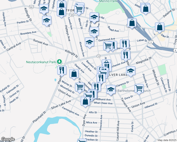 map of restaurants, bars, coffee shops, grocery stores, and more near 76 Lowell Avenue in Providence
