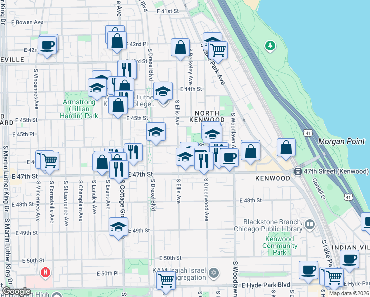 map of restaurants, bars, coffee shops, grocery stores, and more near 4611 South Ellis Avenue in Chicago