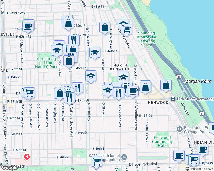 map of restaurants, bars, coffee shops, grocery stores, and more near 4611 South Ellis Avenue in Chicago