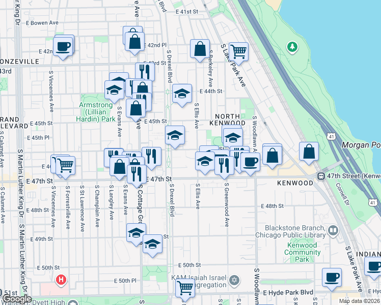 map of restaurants, bars, coffee shops, grocery stores, and more near 925 East 46th Street in Chicago
