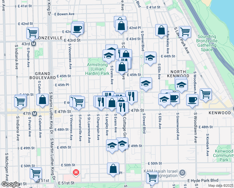 map of restaurants, bars, coffee shops, grocery stores, and more near 4611 South Evans Avenue in Chicago