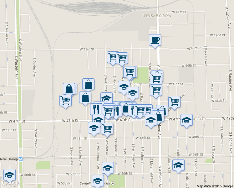 map of restaurants, bars, coffee shops, grocery stores, and more near 4535 South Honore Street in Chicago