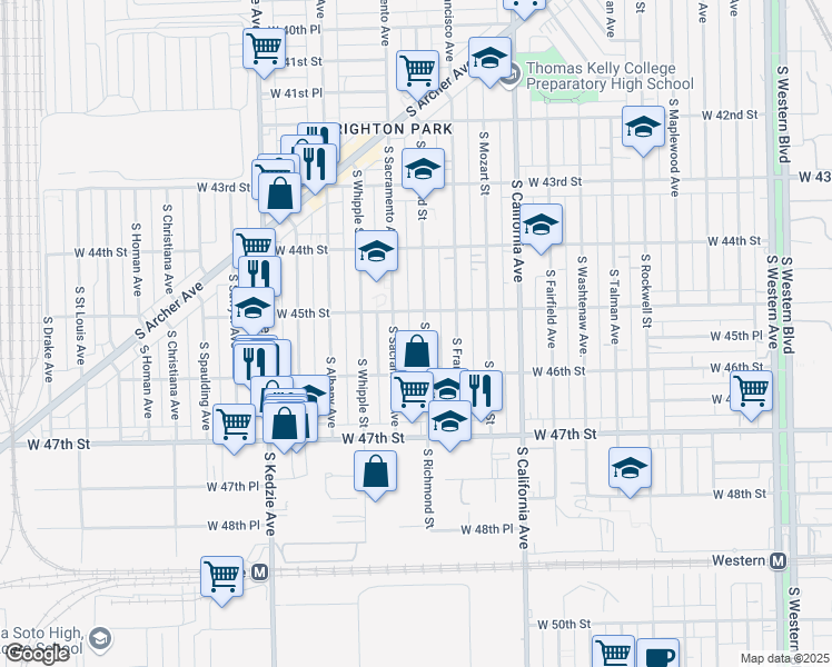 map of restaurants, bars, coffee shops, grocery stores, and more near 4525 South Sacramento Avenue in Chicago