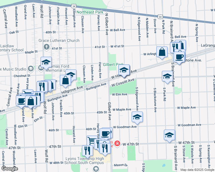 map of restaurants, bars, coffee shops, grocery stores, and more near 4402 Gilbert Avenue in Western Springs
