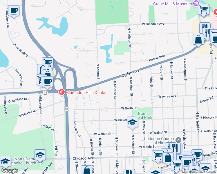 map of restaurants, bars, coffee shops, grocery stores, and more near 454 North Monroe Street in Hinsdale