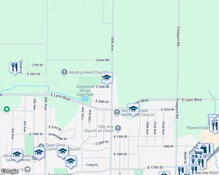 map of restaurants, bars, coffee shops, grocery stores, and more near 2502 16th Avenue in Sterling
