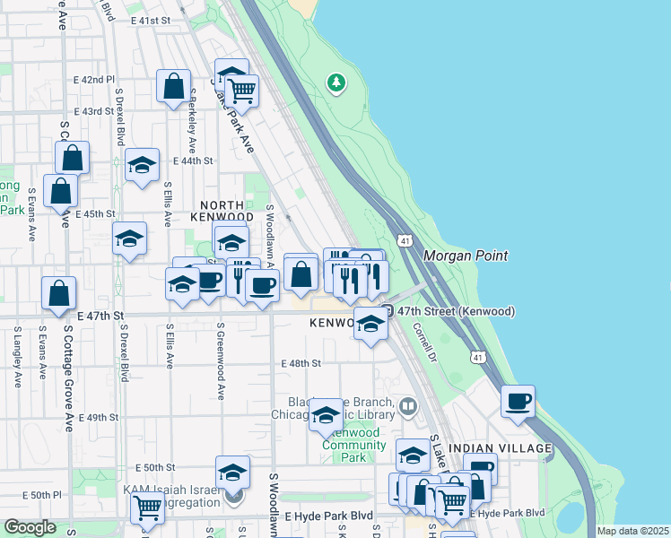 map of restaurants, bars, coffee shops, grocery stores, and more near 4621 South Lake Park Avenue in Chicago