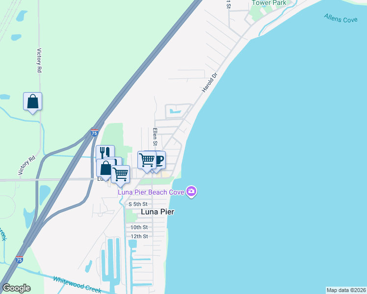 map of restaurants, bars, coffee shops, grocery stores, and more near 10666 Lakeside Drive in Luna Pier