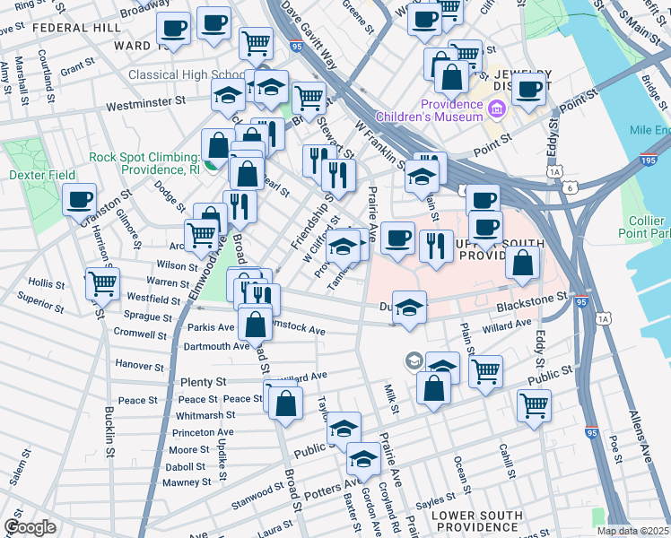 map of restaurants, bars, coffee shops, grocery stores, and more near 104 Somerset Street in Providence