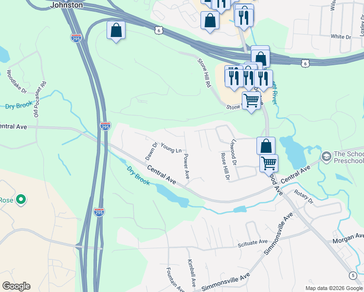 map of restaurants, bars, coffee shops, grocery stores, and more near 12 Power Avenue in Johnston