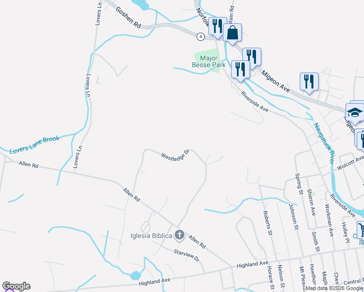map of restaurants, bars, coffee shops, grocery stores, and more near 305 Westledge Drive in Torrington