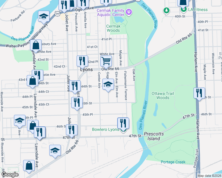 map of restaurants, bars, coffee shops, grocery stores, and more near 4411 Gage Avenue in Lyons