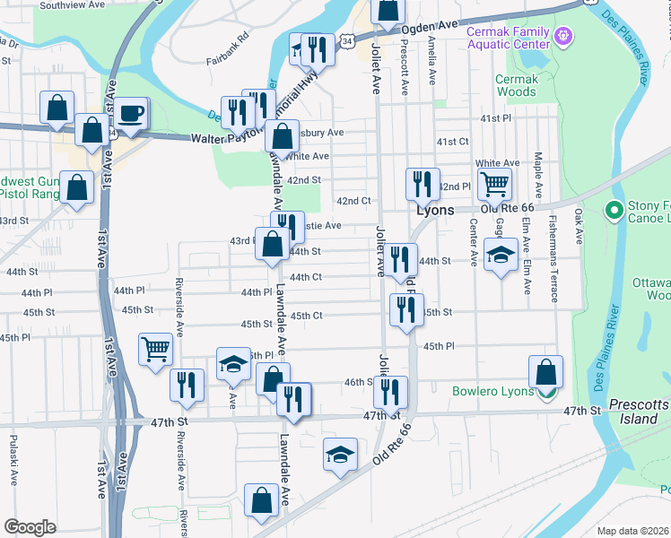 map of restaurants, bars, coffee shops, grocery stores, and more near 8106 44th Court in Lyons