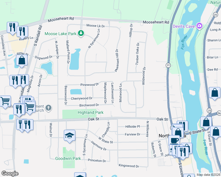 map of restaurants, bars, coffee shops, grocery stores, and more near 215 Maplewood Drive in North Aurora