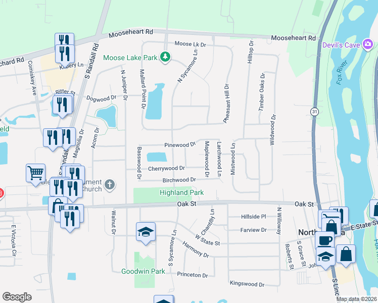 map of restaurants, bars, coffee shops, grocery stores, and more near 506 Redwood Court in North Aurora