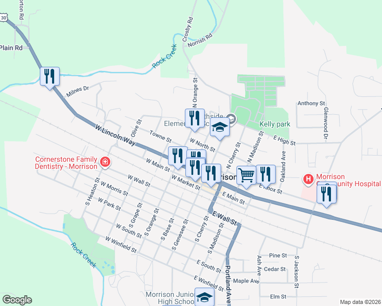 map of restaurants, bars, coffee shops, grocery stores, and more near 108 West Knox Street in Morrison