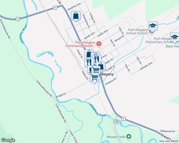 map of restaurants, bars, coffee shops, grocery stores, and more near 65 West Maple Street in Port Allegany