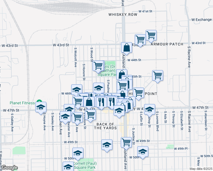 map of restaurants, bars, coffee shops, grocery stores, and more near 4536 South Paulina Street in Chicago