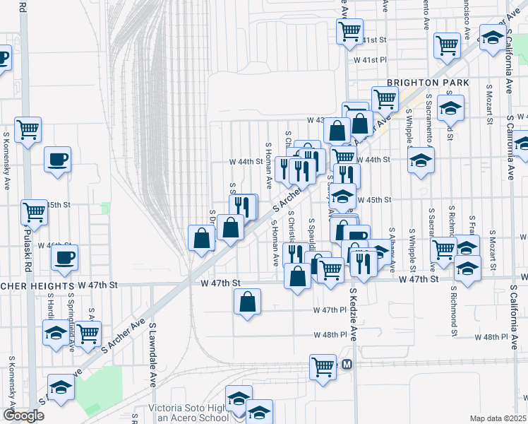 map of restaurants, bars, coffee shops, grocery stores, and more near 4538 South Archer Avenue in Chicago