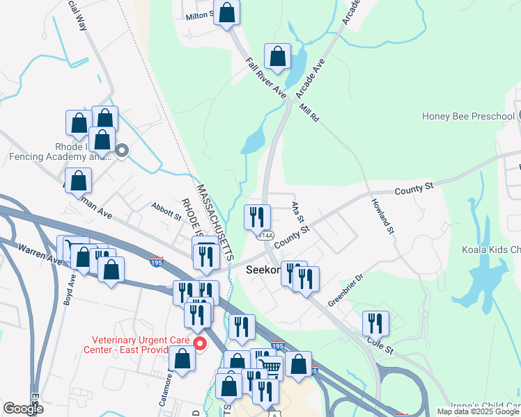 map of restaurants, bars, coffee shops, grocery stores, and more near 573 Fall River Avenue in Seekonk