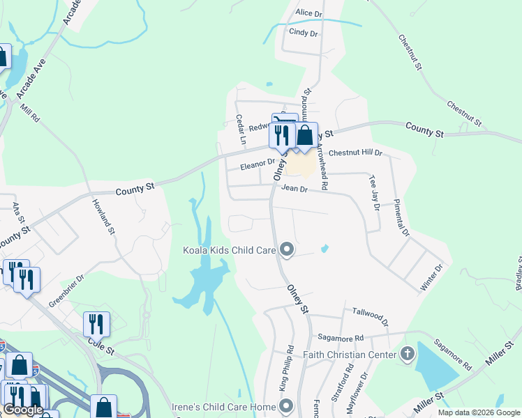 map of restaurants, bars, coffee shops, grocery stores, and more near 3 Brookside Court in Seekonk