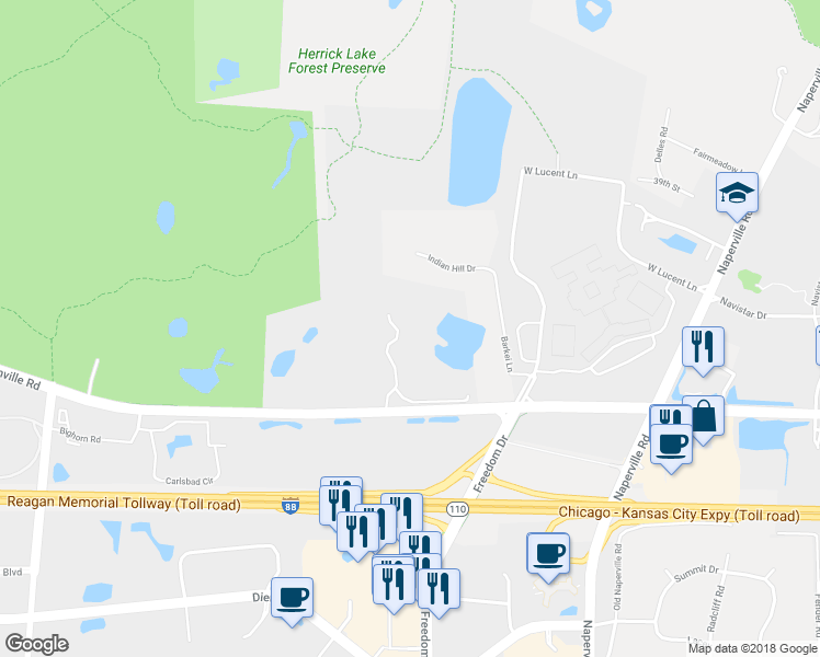 map of restaurants, bars, coffee shops, grocery stores, and more near 1151 E Warrenville Rd in Naperville