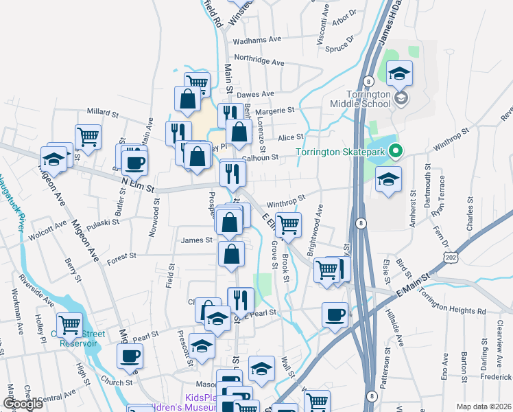 map of restaurants, bars, coffee shops, grocery stores, and more near 0 Winthrop Street in Torrington