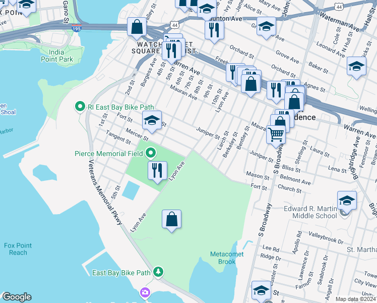 map of restaurants, bars, coffee shops, grocery stores, and more near 219 Lyon Avenue in East Providence