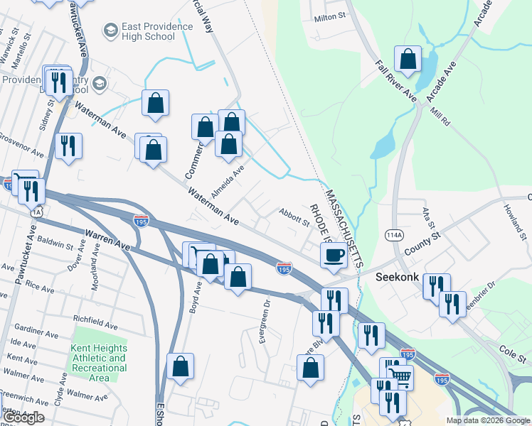 map of restaurants, bars, coffee shops, grocery stores, and more near 17 Julien Avenue in East Providence