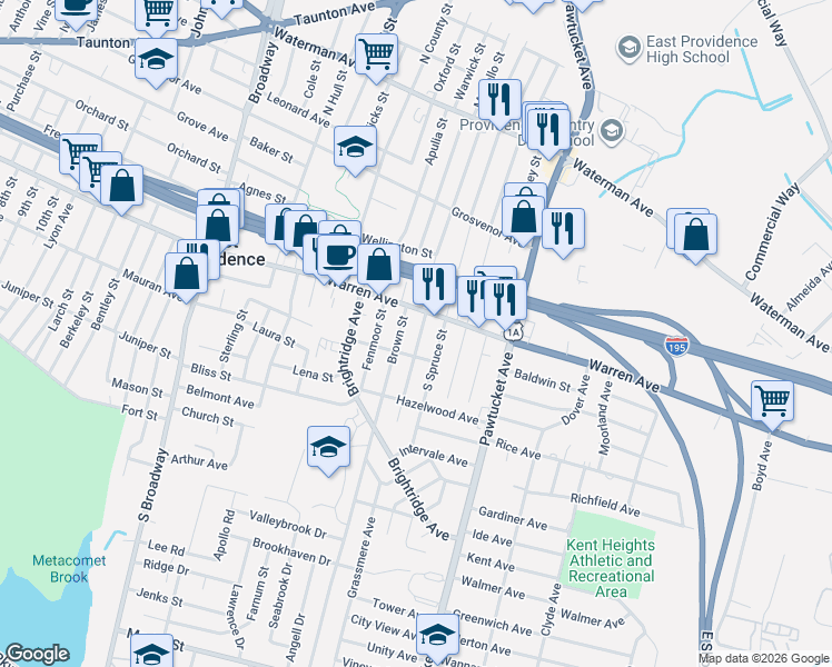 map of restaurants, bars, coffee shops, grocery stores, and more near 10 Woodland Avenue in East Providence