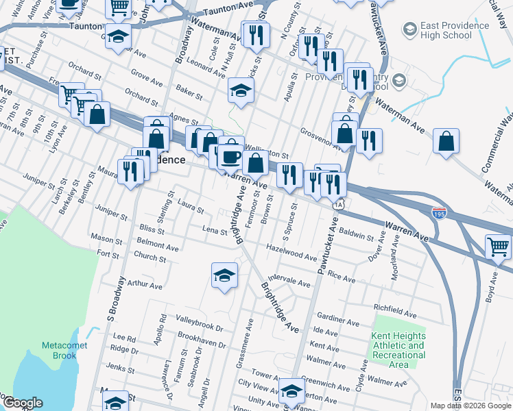 map of restaurants, bars, coffee shops, grocery stores, and more near 44 Fenmoor Street in East Providence