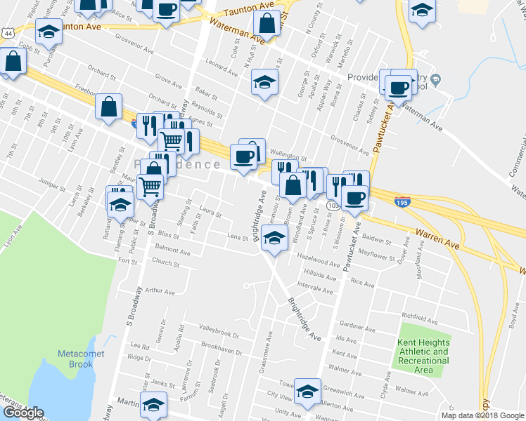 map of restaurants, bars, coffee shops, grocery stores, and more near 59 Brightridge Avenue in East Providence