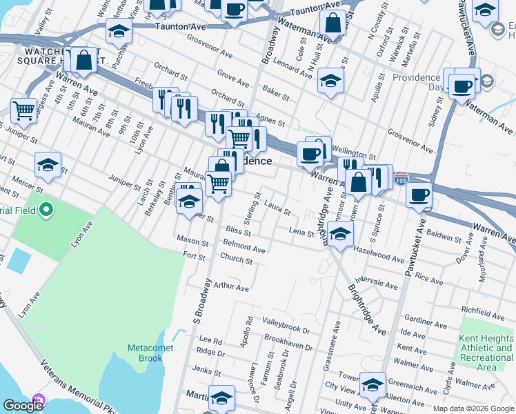 map of restaurants, bars, coffee shops, grocery stores, and more near 68 Faith Street in East Providence