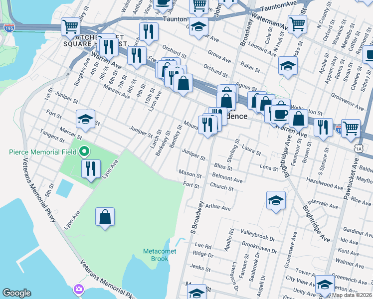 map of restaurants, bars, coffee shops, grocery stores, and more near 384 Juniper Street in East Providence
