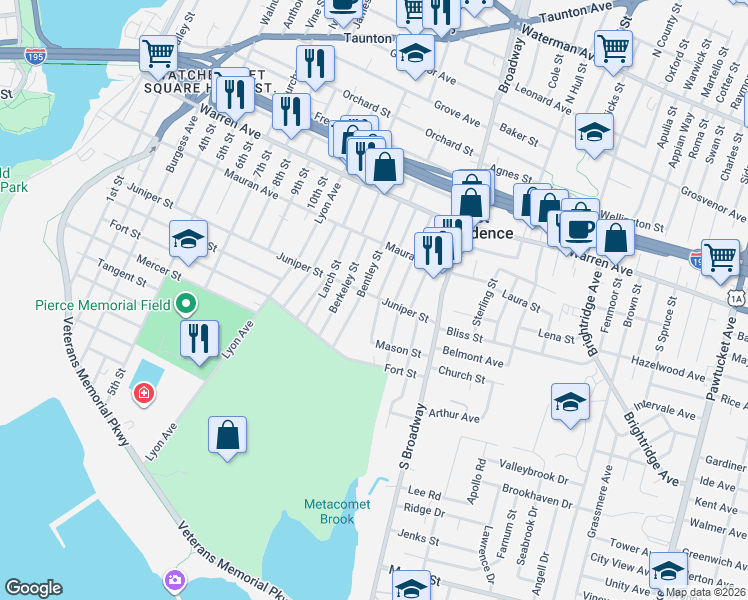 map of restaurants, bars, coffee shops, grocery stores, and more near 9 Rutland Street in East Providence