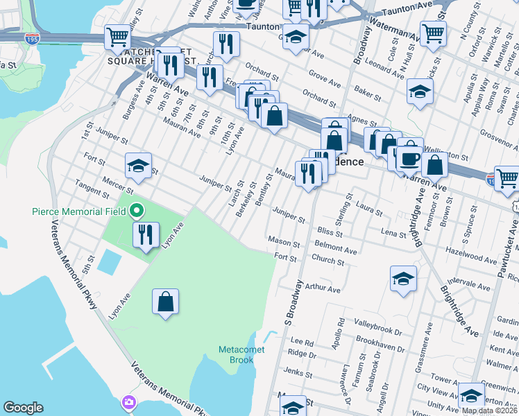 map of restaurants, bars, coffee shops, grocery stores, and more near 9 Rutland Street in East Providence
